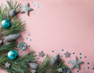 Christmas concept. Silver and green Pine branches, turquoise pine cones and silver glitter stars on pale pink background. Generated image
