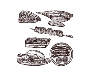 Culinary Illustration of Various Food: A collection of intricately hand-drawn, monochromatic food illustrations featuring a variety of culinary delights, perfectly capturing the essence of gastronomy.