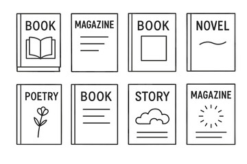 Book and magazine cover line art icon set. Minimalist vector illustrations collection. Reading, library, publishing, and literature symbols. Simple outline graphic design elements.