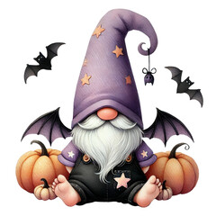 Halloween gnome surrounded by pumpkins and bats