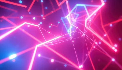 Vibrant abstract network of glowing neon lines and dots. Represents technology, data, connection, and futuristic innovation, ideal for digital backgrounds or concepts.