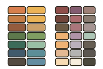 Color palette collection. Set of trendy color schemes. Swatches for design inspiration and creative projects. Vector guide with tones, shades, and samples. Muted, pastel, earthy colors.