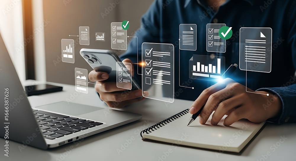 Poster managing digital compliance and regulation standards with quality control assurance for business pro