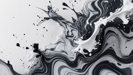 Abstract black and white fluid art splatter texture with swirling paint patterns and dynamic movement