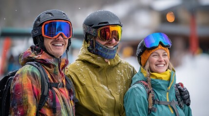 Three diverse young adults smiling in winter sports gear. They wear colorful jackets and helmets, with snow falling in the background.