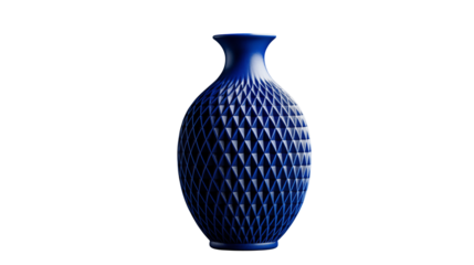 Elegant navy blue vase with intricate geometric pattern for modern home decor accents and stylish interior design on white and transparent Background	