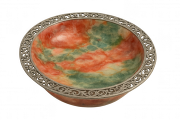 Studio shot of an ornate silver bowl with colorful swirls, isolated on a transparent background
