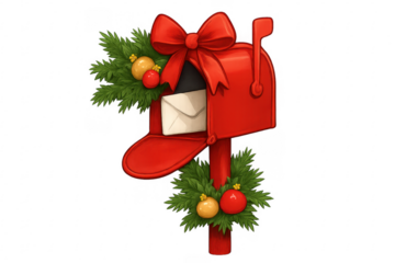 Red christmas mailbox with letter and decorations on transparent background