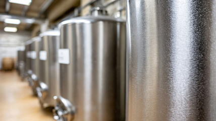 Row of stainless steel fermentation tanks in a brewery.