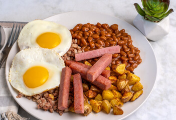 fried eggs with  home friesand spam fries
