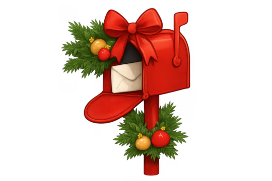 Red christmas mailbox with letter and decorations on transparent background