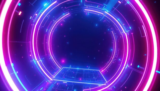 Abstract neon light tunnel with glowing pink and blue geometric patterns and particles in a dark digital space. Represents future tech, data, and virtual reality.