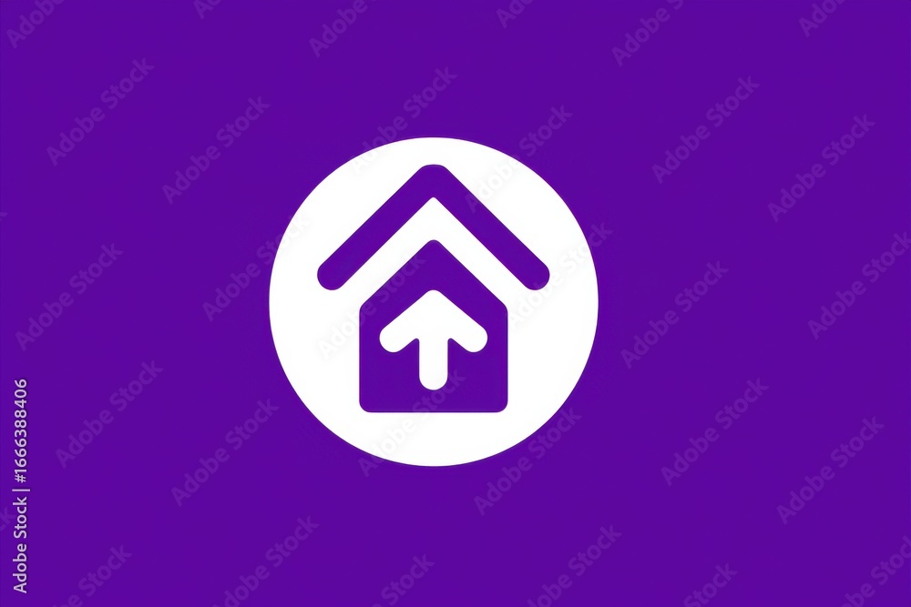 Poster minimalistic house icon with arrow design in circular format on purple