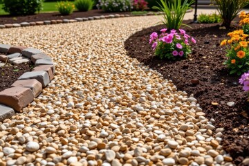 warm tan and cream gravel scattered around perennial flower beds enhancing natural color transitions and blending seamlessly with mulch and soil layers.