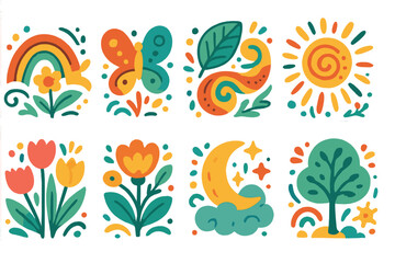 Set of colorful nature icons. Folk art style vector illustrations. Modern abstract decorative elements. Collection of whimsical clipart with sun, moon, flower, rainbow, tree.