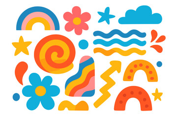 Colorful abstract shapes and playful cartoon design elements. Modern trendy vector icons in a retro groovy 70s style. Isolated decorative sticker set with rainbow and flower.