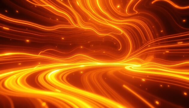 Dynamic abstract background with vibrant orange and yellow light trails flowing and swirling, evoking data, speed, and futuristic technology. Perfect for digital concepts, energy, or innovation.