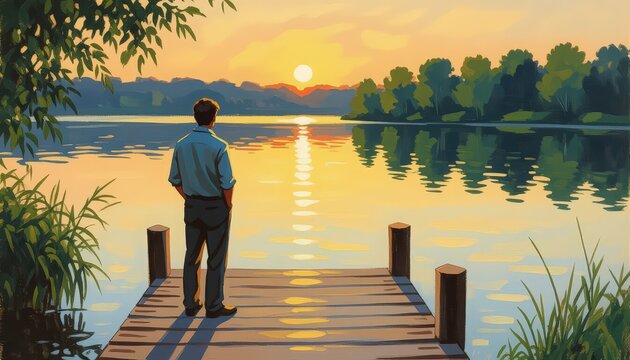 A lone person standing on a wooden pier overlooking a calm lake during golden hour. Evokes reflection, contemplation, and a sense of peace.