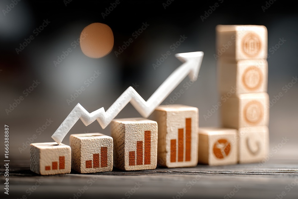 Poster wooden blocks displaying business growth concept with an upward arrow graph