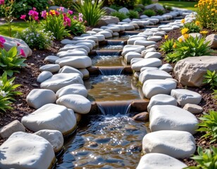 smooth white river rocks lining garden streams to reflect light naturally while complementing green plants flowers and stone features along the edges.