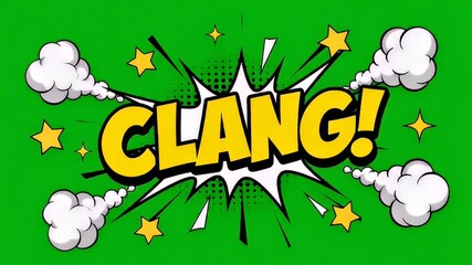 Comic style clang animation yellow text starburst green screen effect