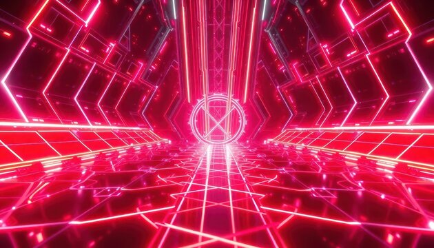 Vibrant red neon futuristic tunnel with glowing lines and geometric patterns, perfect for tech, gaming, or cyber-themed designs.