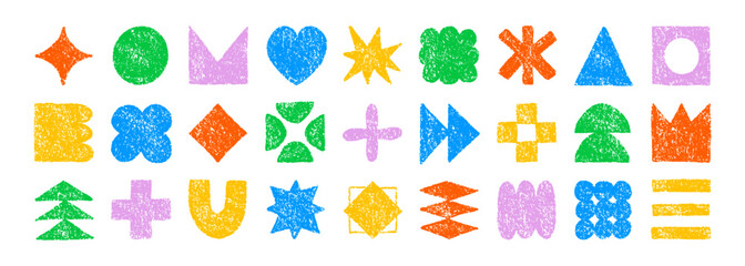 Colorful shapes and brutal figures with crayon pencil rough texture