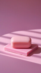 Pink soap bars stacked on pink square pedestal with light shadows hygiene clean