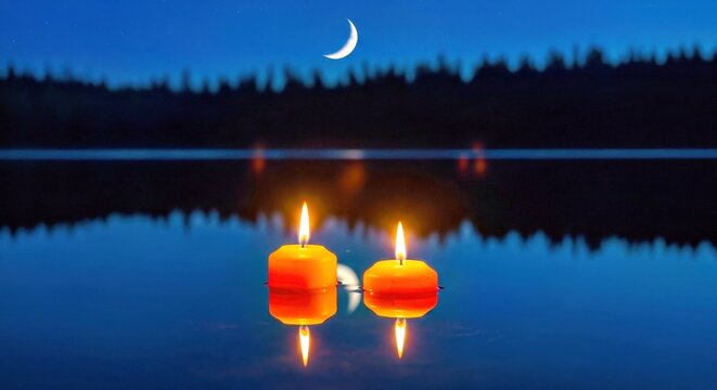 
two candle itwo candle in water the light show background on moon and trees, candle, flame, light, fire, dark, christmas, candlelight, burning, wax, candles, black, romance, celn water the light show