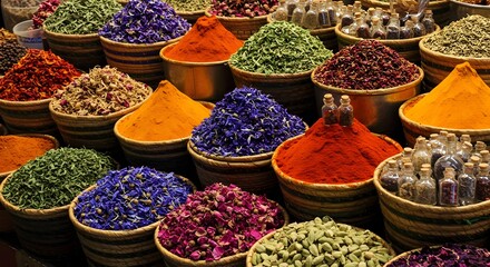 Fototapeta premium Vibrant Conical Spice Display at Market Stall