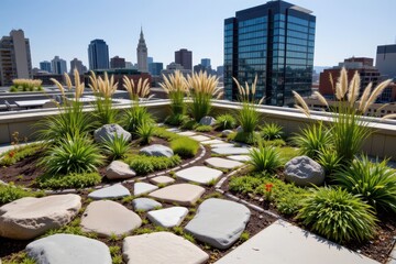 Fototapeta premium a rooftop garden featuring polished river stones and ornamental grasses creating a modern natural balance in a small urban space.