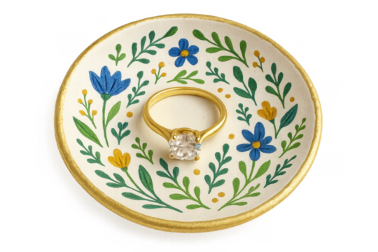Golden ring resting on floral decorated ceramic dish with transparent background
