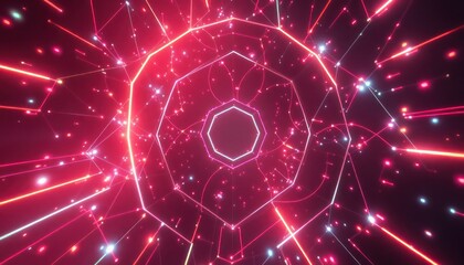 Abstract red and pink neon light tunnel with glowing particles, representing a futuristic digital network and data flow. Ideal for technology, connectivity, and sci-fi themes.