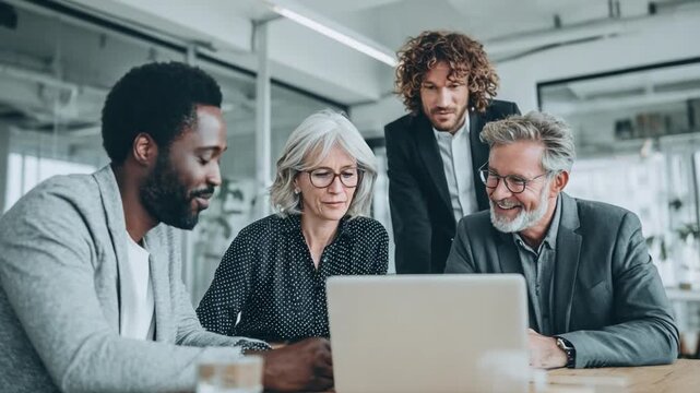 Focused Collaboration: A dynamic group of professionals, diverse in age and ethnicity, huddle closely around a laptop screen, deep in concentrated discussion in a modern office environment.  - Powered by Adobe