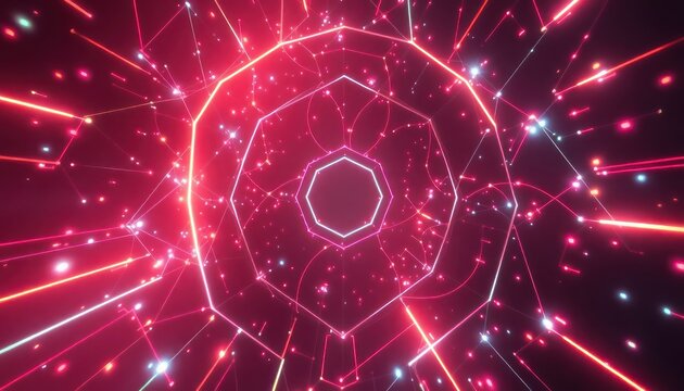 Abstract red and pink neon light tunnel with glowing particles, representing a futuristic digital network and data flow. Ideal for technology, connectivity, and sci-fi themes.