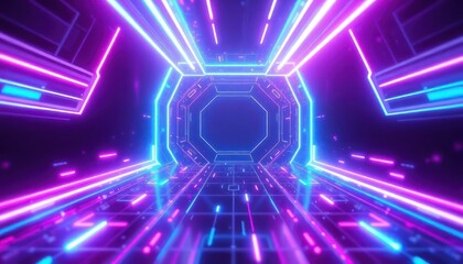 Futuristic neon light tunnel with vibrant blue and purple glowing lines, creating a dynamic background for technology, gaming, or digital concepts.