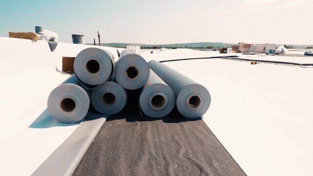 Pvc roofing installation: preparing rolls of roofing material