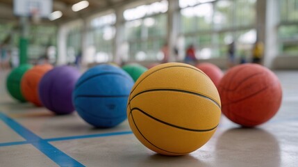 A vibrant array of basketballs in various colors arranged in a gym. Ideal for sports-related themes and activities.