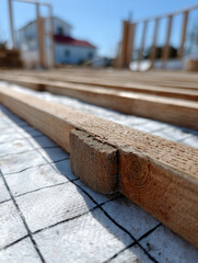 Close-up of wooden beams at a construction site.