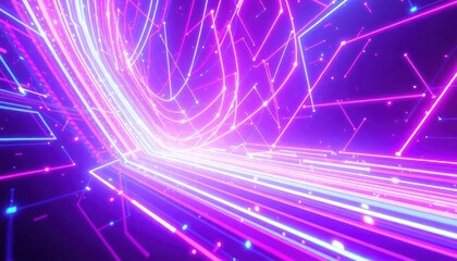 Dynamic abstract neon lines represent high-speed data flow and digital connectivity in a futuristic network. Ideal for technology, business, and innovation concepts.