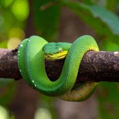 Fototapeta premium A vibrant green snake coils around a textured branch, showcasing its intricate scales and captivating natural beauty.