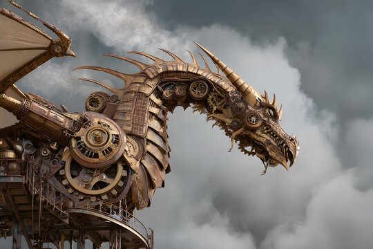 A fantastical steampunk dragon built from brass gears, tubes, and cogs stands dramatically against a cloudy industrial sky.
 - Powered by Adobe