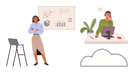 Professional presenting data with charts and graphs while remote worker communicates online at desk. Ideal for teamwork, productivity, remote work, online collaboration, cloud solutions, business