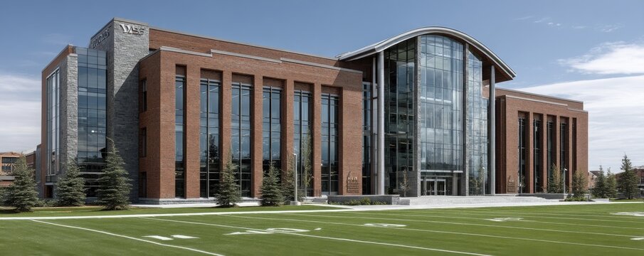 Modern architectural exterior of institutional building with glass windows and brick walls