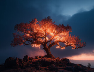 Majestic ancient tree glowing with vibrant fiery colors on a rocky mound under a dramatic twilight sky