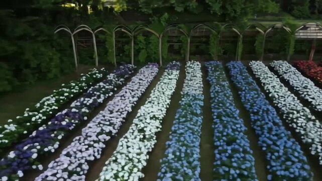 Aerial View of Colorful Hydrangea Flower Rows in Garden with Arbors