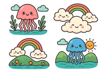Set of cute kawaii cartoon characters. Whimsical jellyfish, smiling clouds, and rainbows. Playful nature and weather vector icons for kids. Children's sticker pack design.
