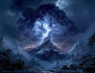 Mystical tree of life illuminates an ominous sky with ethereal being amidst stormy clouds
