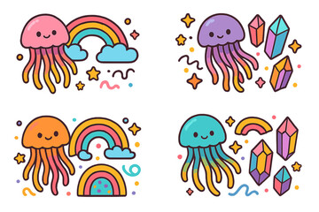 Cute kawaii jellyfish character set with rainbows, clouds, magic crystals. Whimsical sea animal mascot vector illustration pack for kids. Cartoon marine life clipart collection.