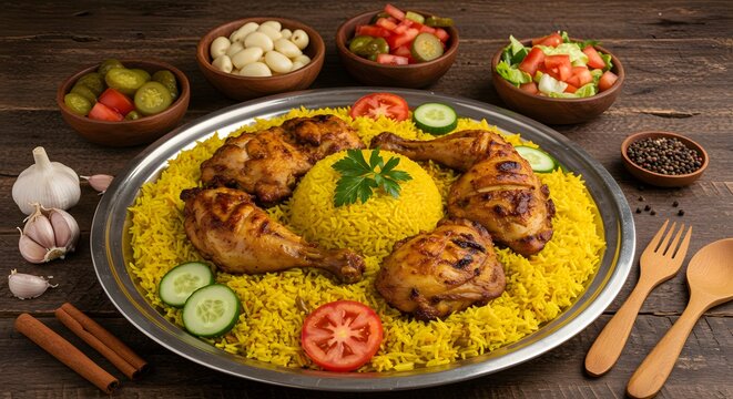 Rustic Grilled Chicken over Vibrant Yellow Rice with Fresh Garden Garnish
